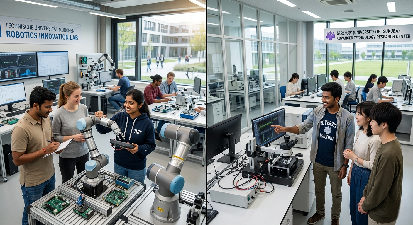  A split image showing students in high-tech labs: on the left, students at the Technical University of Munich work with robotic arms, and on the right, students at the University of Tsukuba collaborate in an Advanced Technology Research Center.