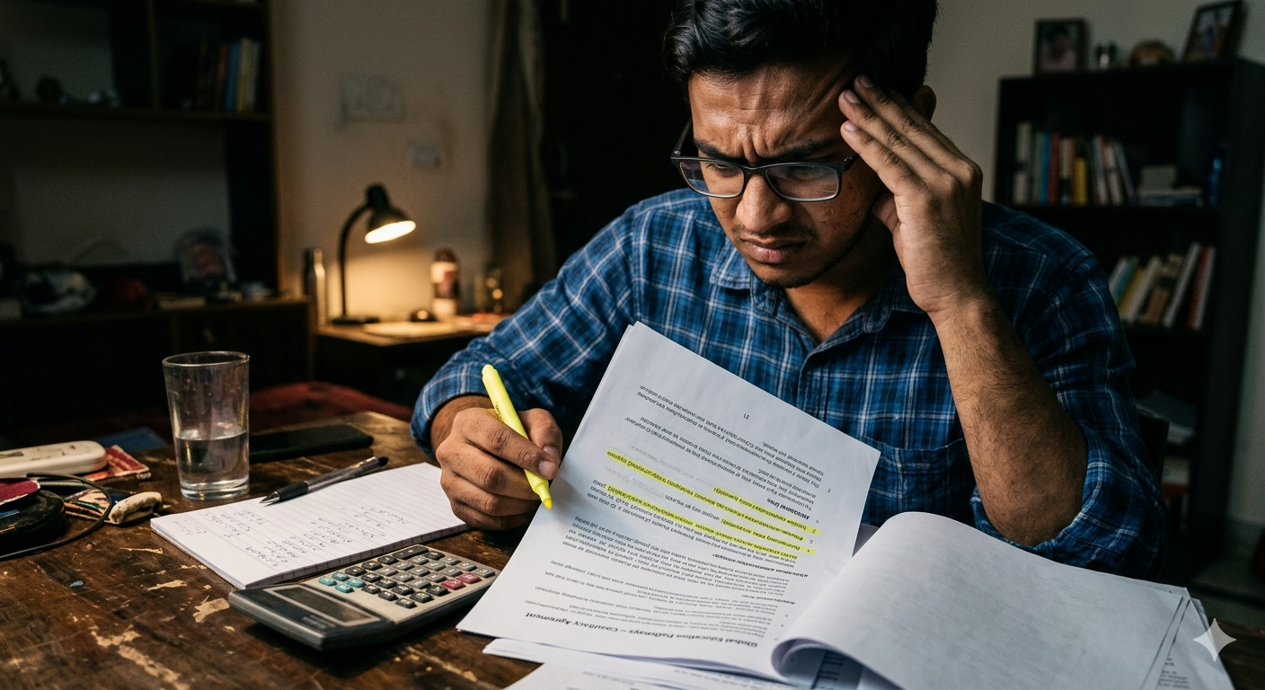 A student in Noida focused on studying documents and using a calculator to research and compare study abroad consultants.