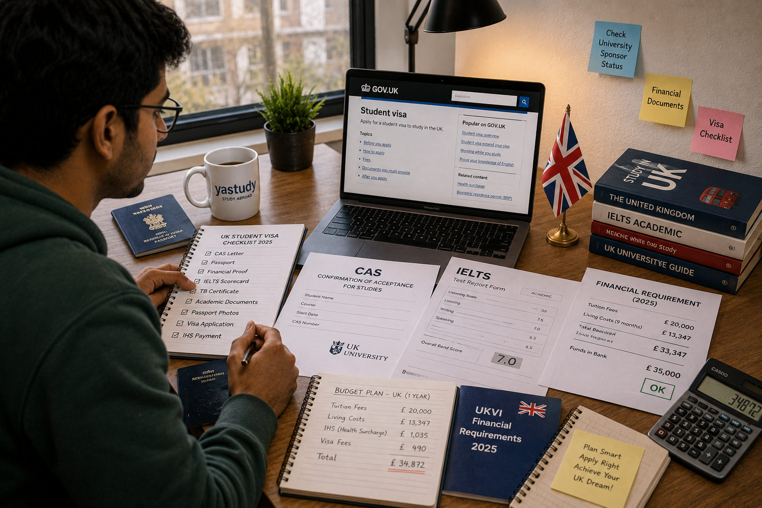 Indian student preparing UK student visa financial and academic documents for 2025 application process.