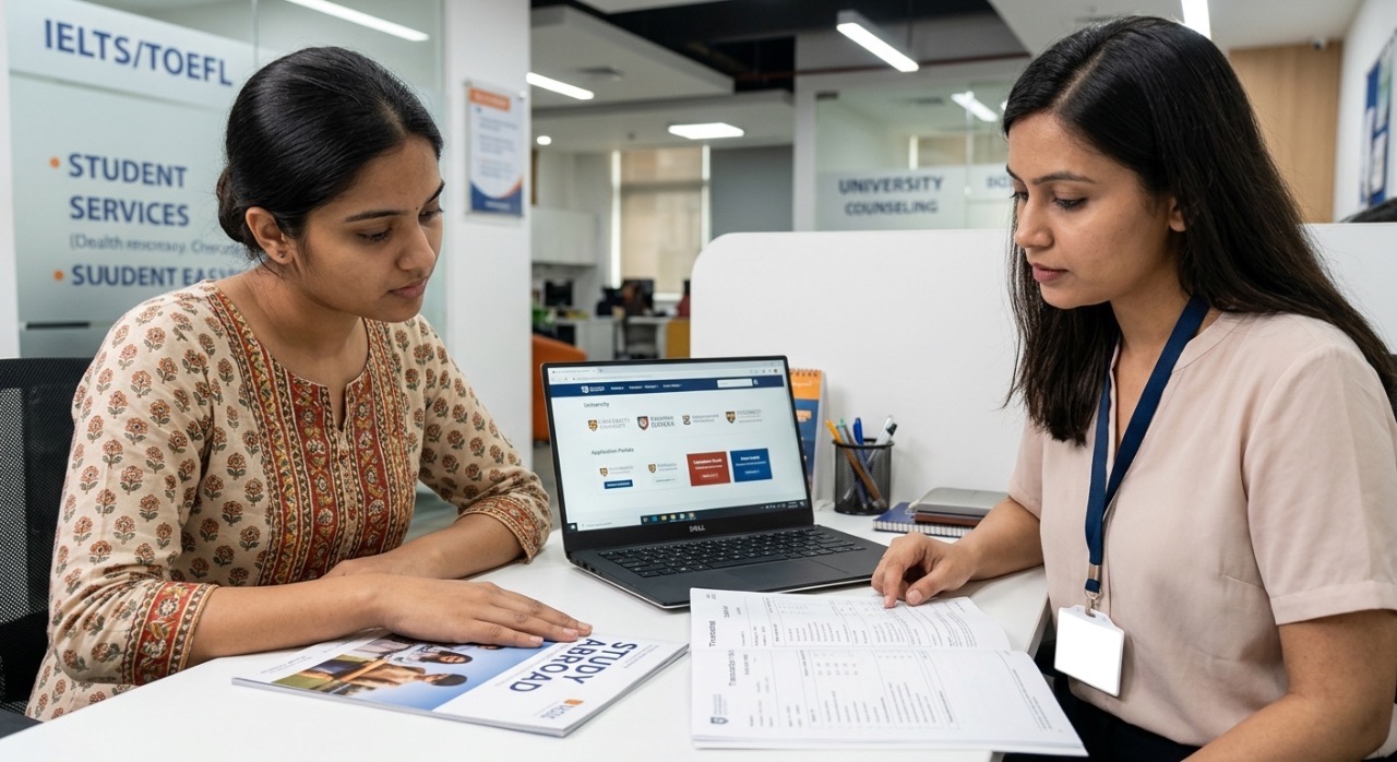 A woman in a patterned top sits at a desk in an office, looking down at a brochure while a laptop and study abroad materials sit on the table beside her.