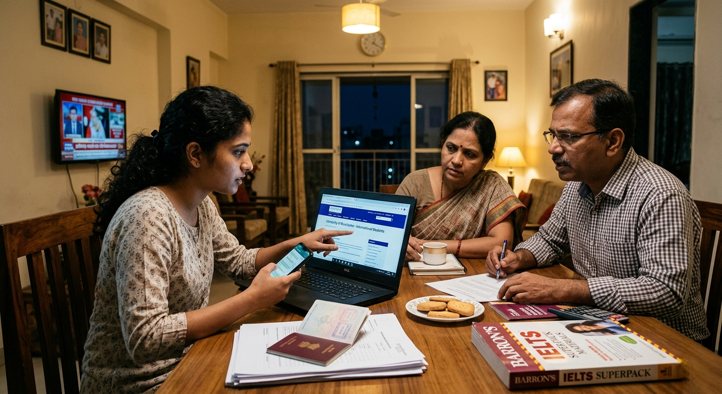  A young woman points at a laptop screen while sitting at a dining table with an older woman, both looking concerned as they review documents and a passport.