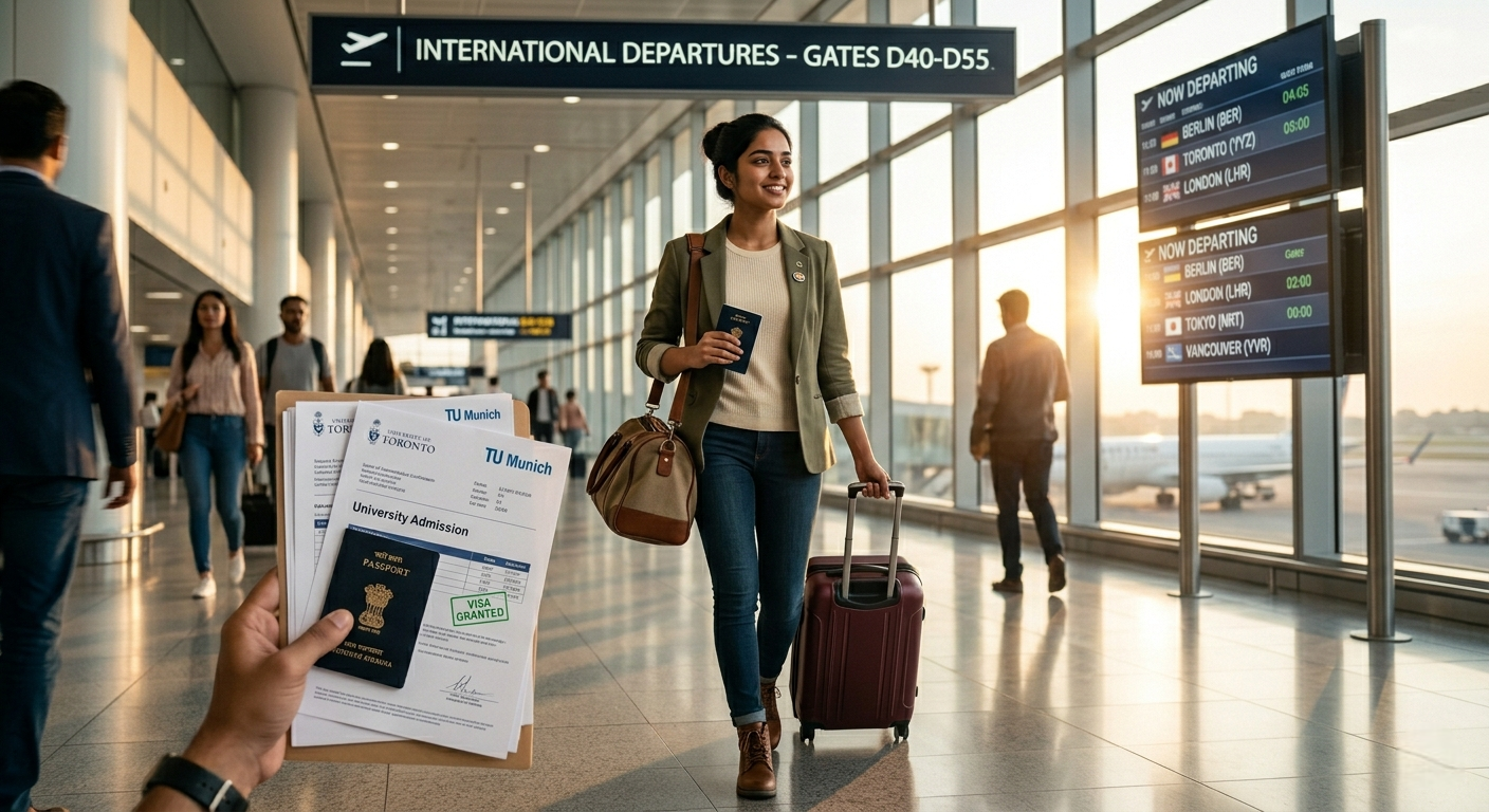 A smiling young woman walks through an airport terminal with her luggage, while a foreground hand holds a passport and "University Admission" documents with a "VISA GRANTED" stamp.