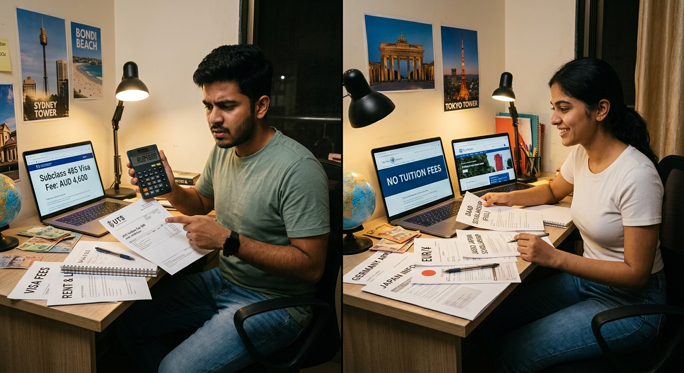A young Indian male student sitting at a desk with a calculator and paperwork, surrounded by laptops displaying visa fee information and travel posters of Austra