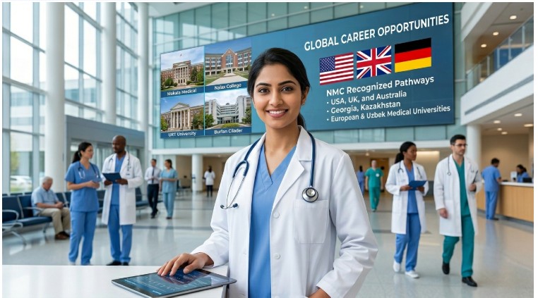 Indian doctor in international hospital highlighting placement opportunities after MBBS abroad with global career options