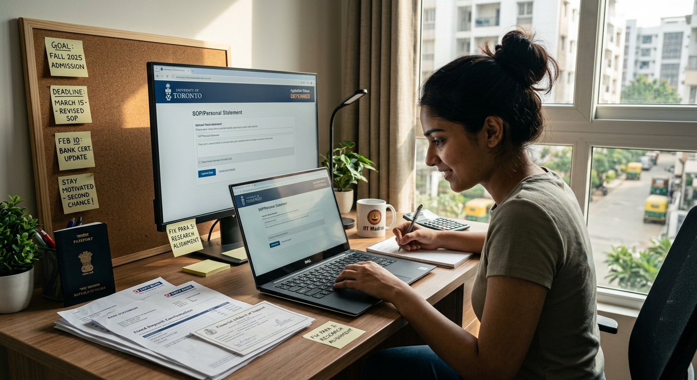 A student sits at a desk focusing on a computer monitor and laptop displaying University of Toronto admission documents, with a corkboard behind her showing motivational notes and deadlines.
