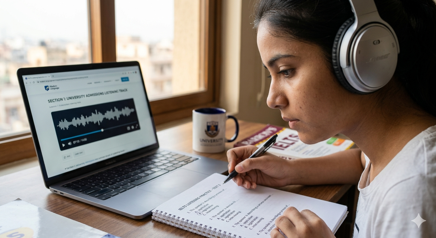 A student studying for the IELTS exam with a laptop, headphones, a mug, and a practice test on a wooden desk.