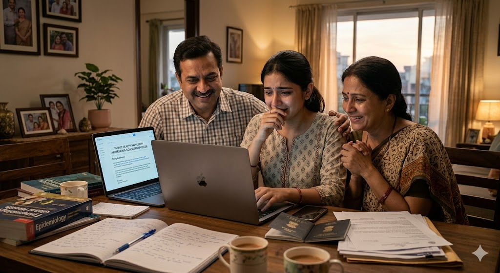Indian student celebrating admission and scholarship for MPH and global health studies abroad in 2026