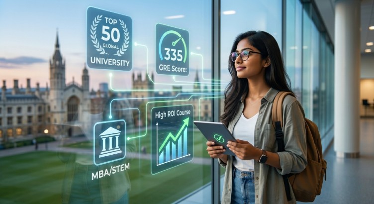 An inspirational image of a student visualizing her merit-based non-collateral education loan approval, focusing on GRE scores, university ranking, and future high-paying career potential.