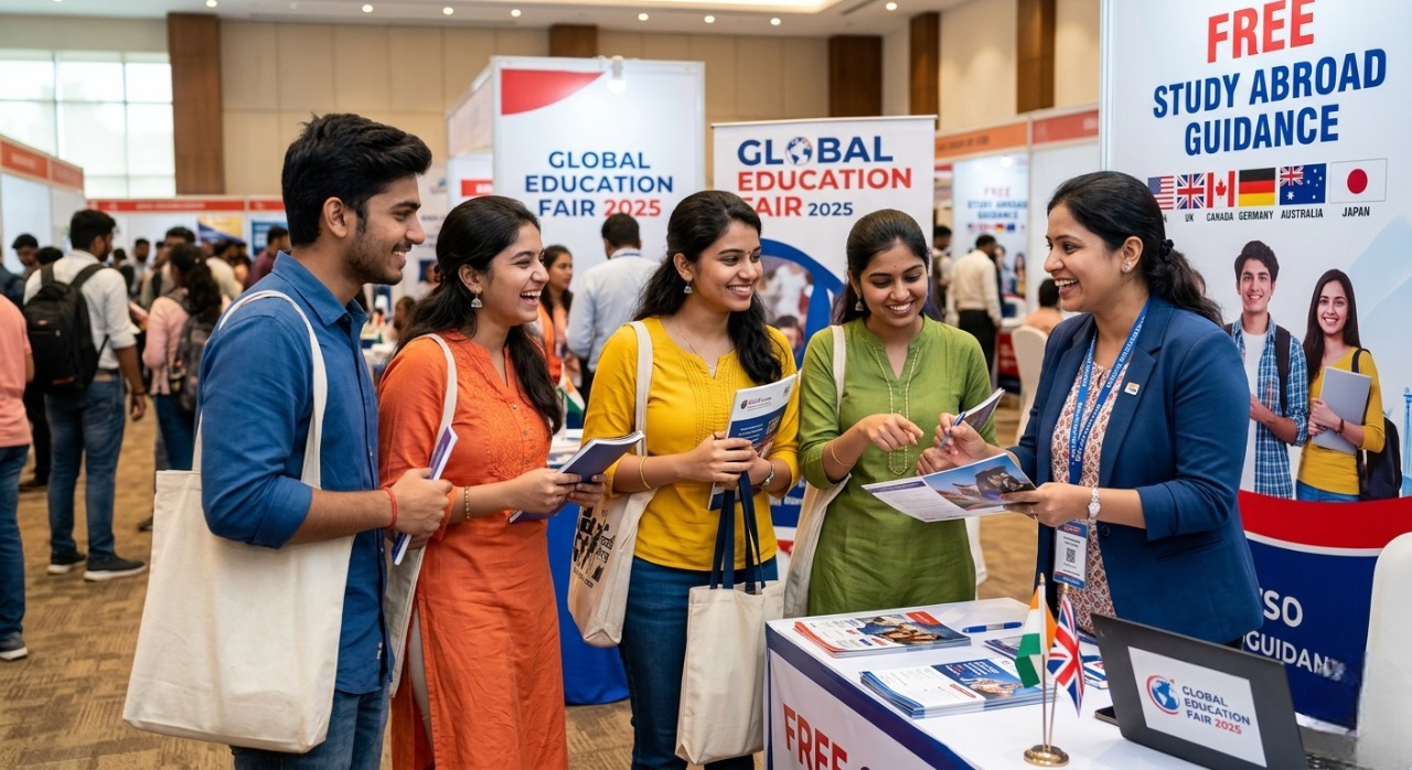 A group of students at a study abroad seminar in Noida, carrying white tote bags with an Indian flag and brochures, while browsing informational booths.
