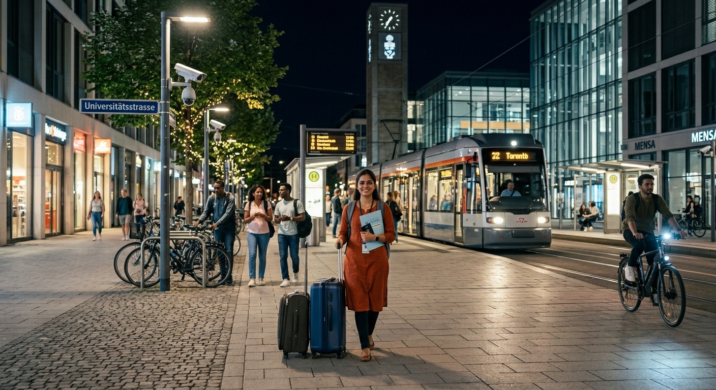 An Indian female student smiling while walking with a suitcase on a well-lit European city street at night, with a tram and modern buildings in the background.