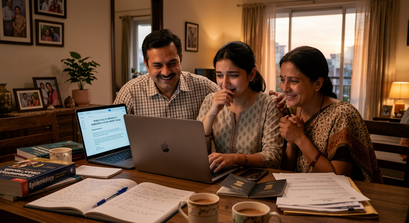 Indian student celebrating admission and scholarship for MPH and global health studies abroad in 2026