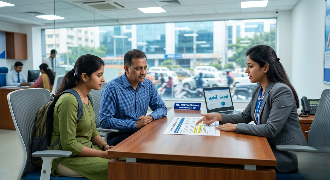 Bank manager explaining education loan interest rates to an Indian student and her father at a public sector bank branch, with loan documents and a laptop showing financial charts on the desk.