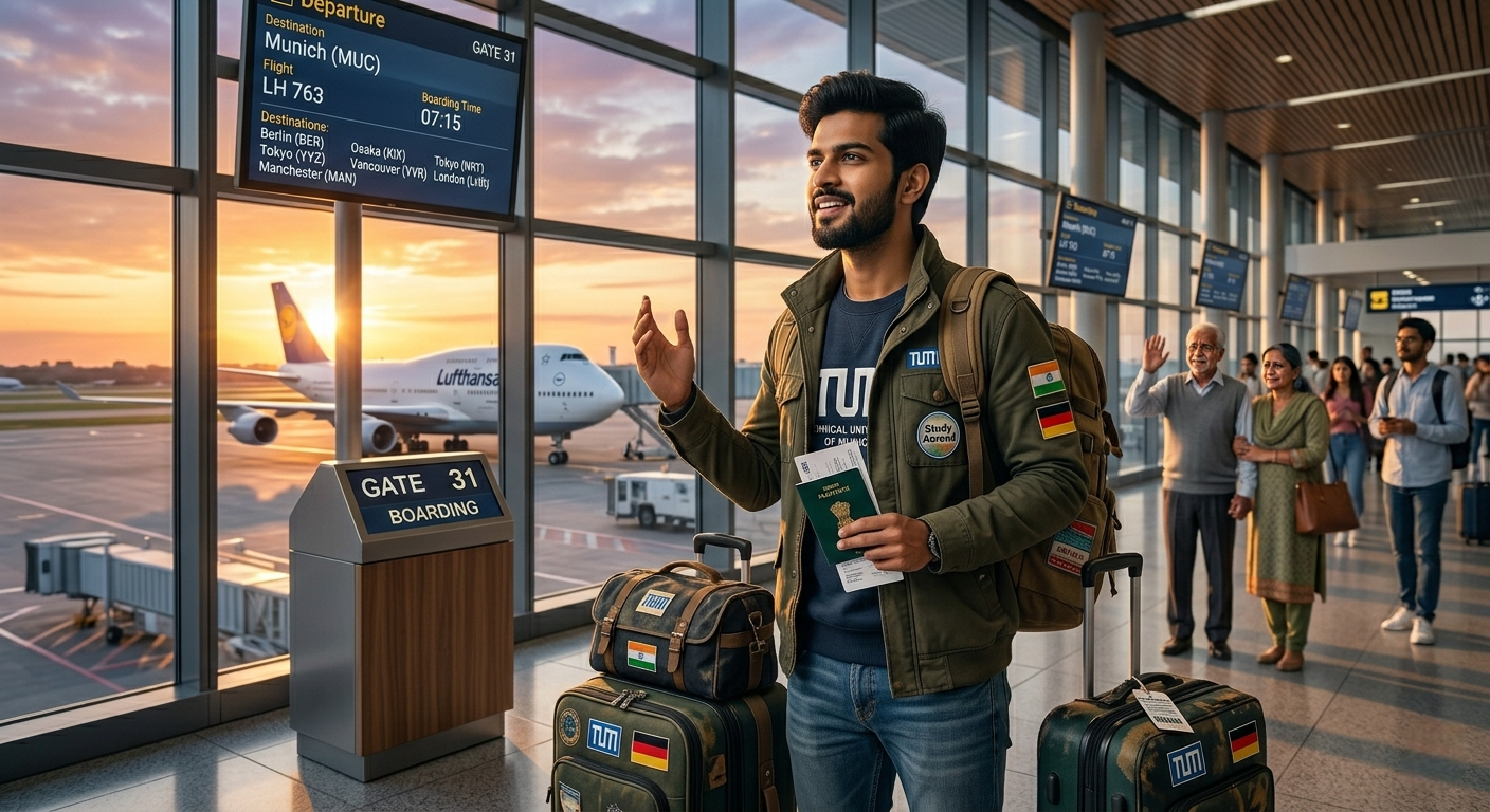 A smiling young man stands at an airport boarding gate at sunset, holding his passport and travel documents next to luggage adorned with international flags.