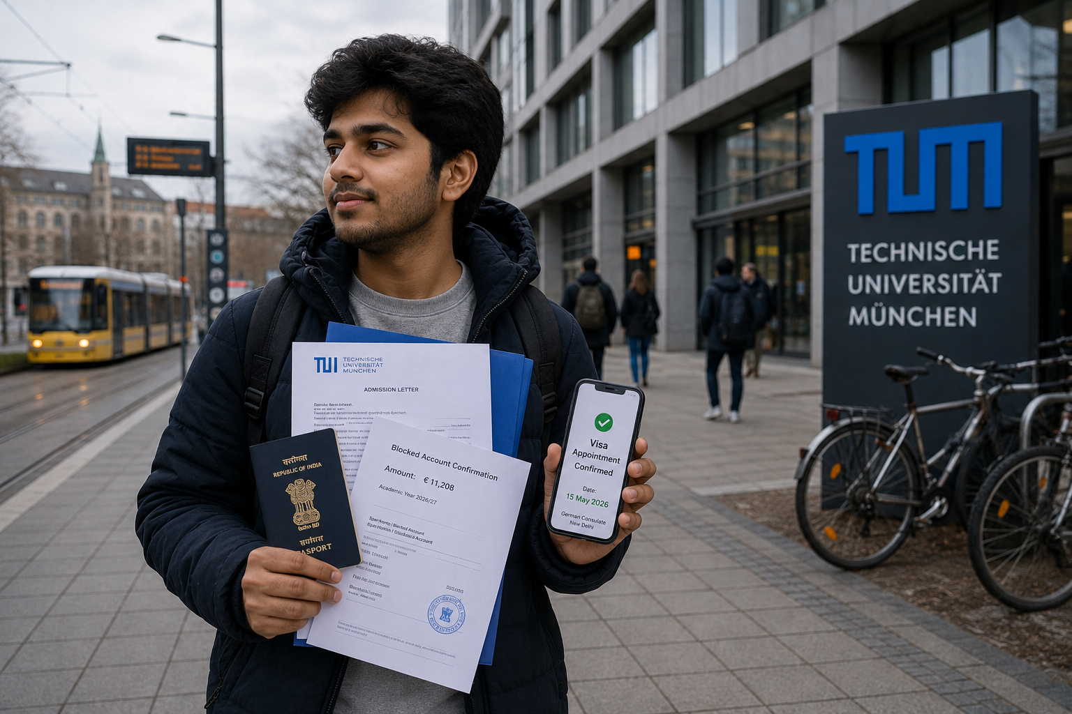 Indian student preparing German student visa documents outside a German university campus in 2026.