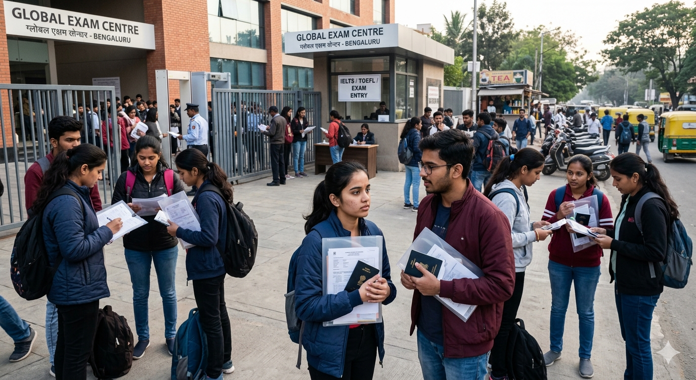Groups of students holding passports and documents while standing outside a "Global Exam Centre" entrance for their IELTS exam.