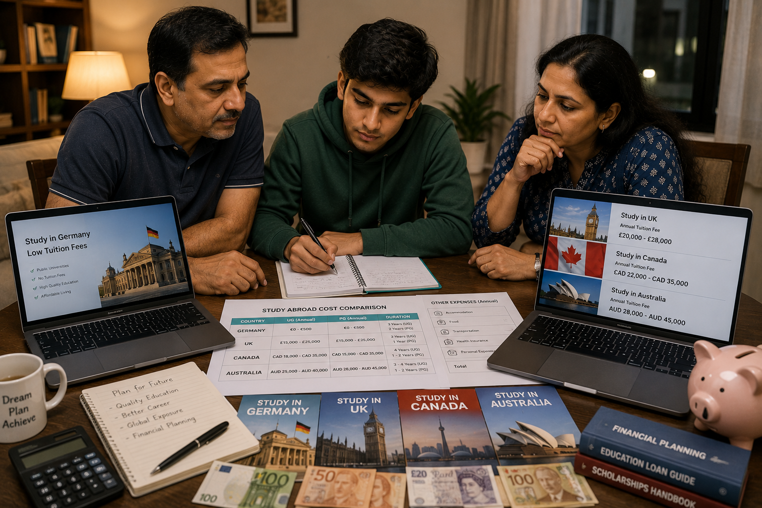 Indian student comparing masters abroad costs in Germany UK Canada and Australia before applying for postgraduate study abroad programs