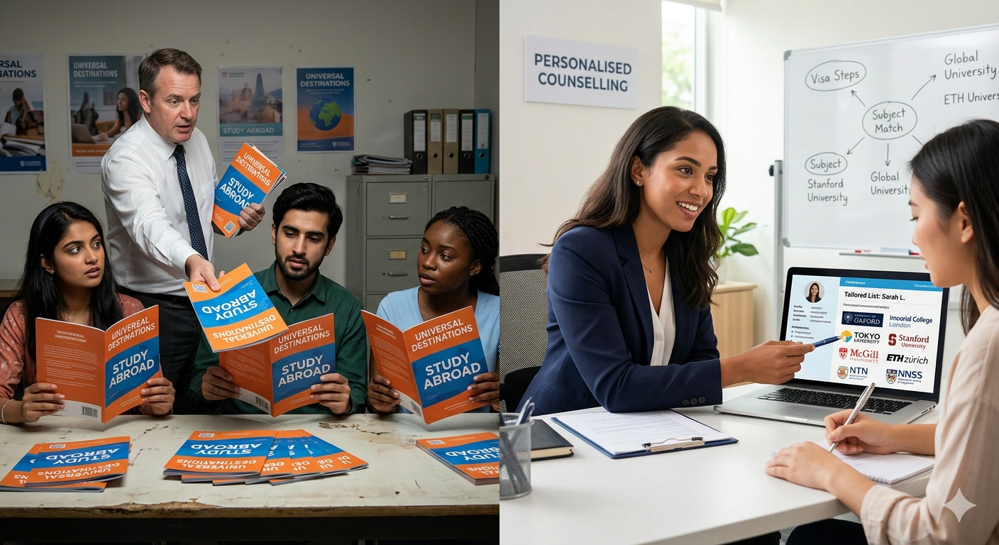 Study abroad consultants in Noida providing personalized counseling and university brochures to prospective students.