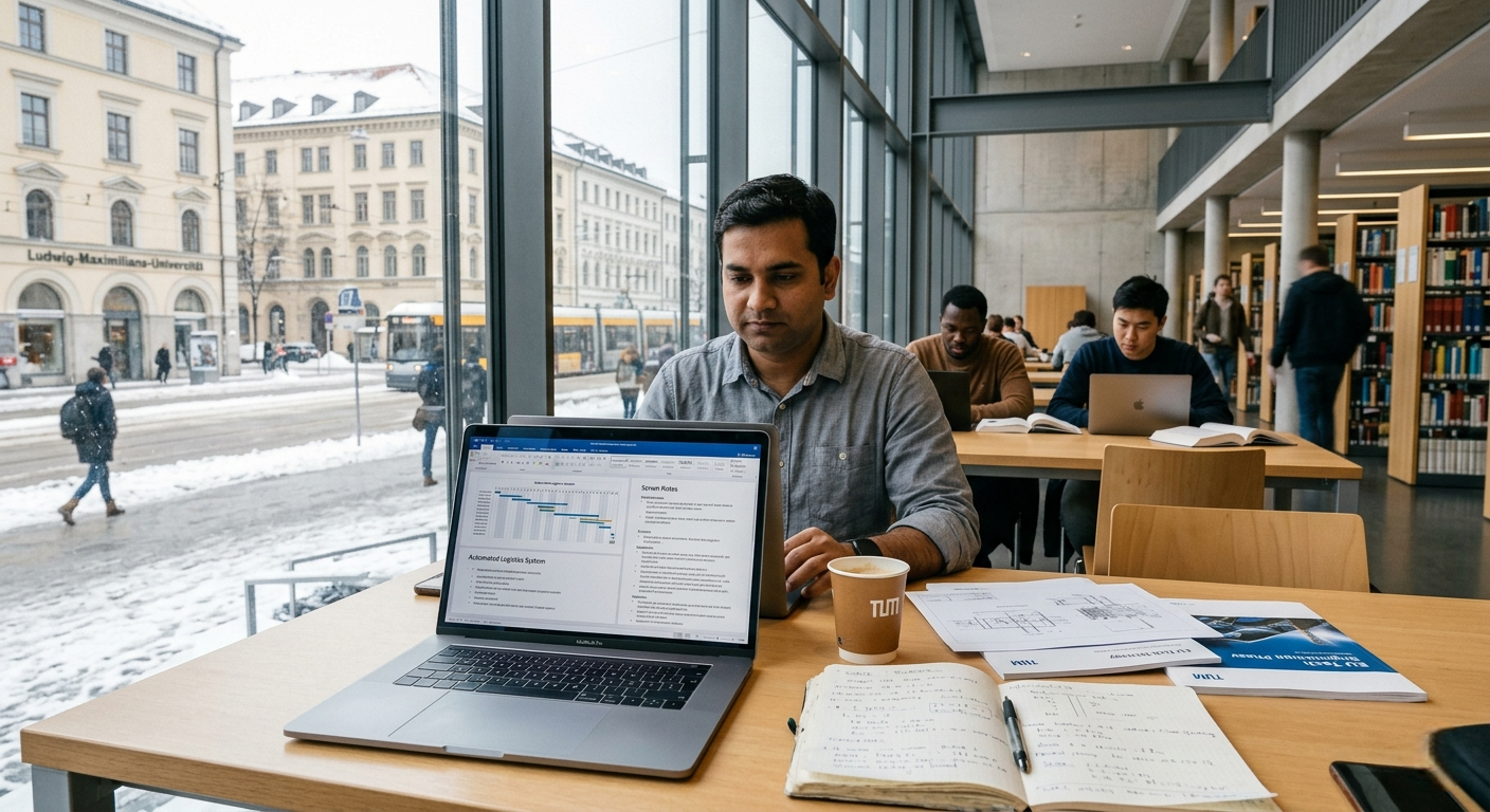 An Indian man sits at a desk in a modern cafe with a large window overlooking a snowy European street, looking down at an open laptop displaying a project management dashboard.