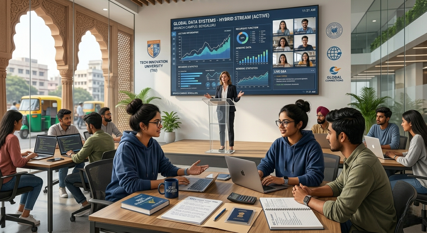 Indian students attending classes at a foreign university branch campus in India in 2026.