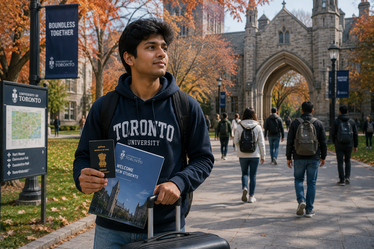 Indian undergraduate student arriving at an international university campus abroad after completing 12th grade in India