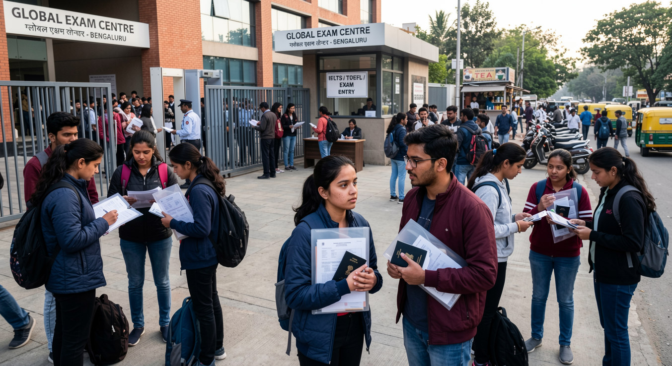  Groups of students holding passports and documents while standing outside a "Global Exam Centre" entrance for their IELTS exam.
