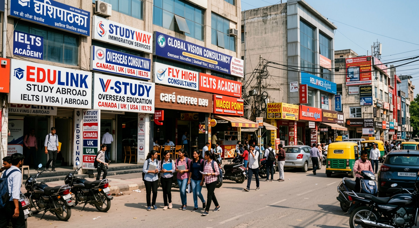 A street view of multiple study abroad and immigration consultancy offices in Noida Sector 18, featuring prominent signs for Edulink, V-Study, and Studyway, with students walking by in the foreground. 