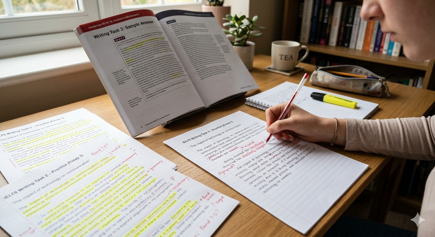 An open IELTS practice book showing Writing Task 2 sample answers and marked practice essays on a wooden desk.