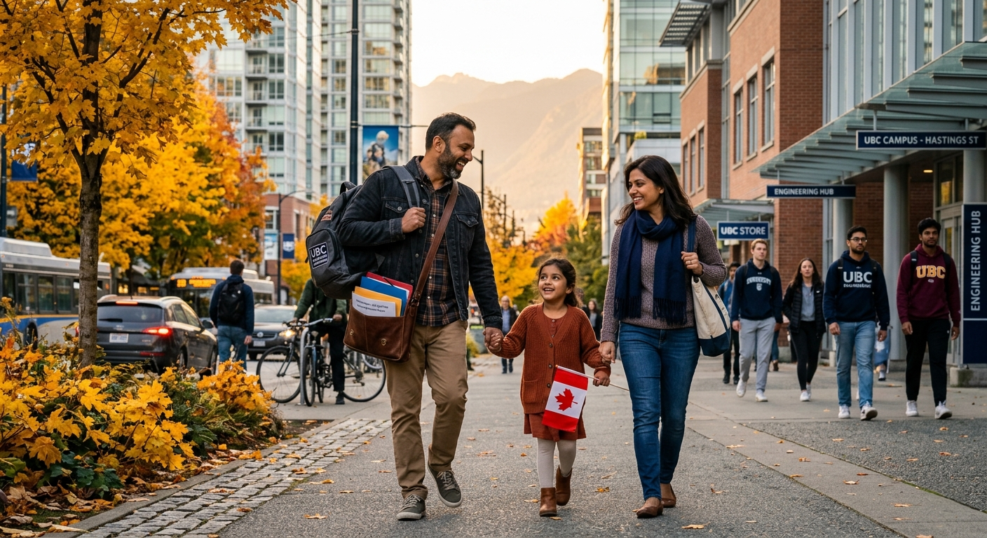 An Indian couple and their young daughter walk together on a university campus in Vancouver during autumn, with the man carrying a laptop bag and the child holding a small Canadian flag.