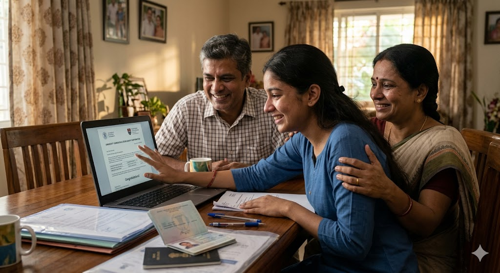 Indian student celebrating FinTech university admission and scholarship offer for studying abroad in 2026