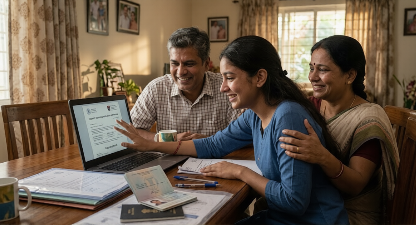Indian student celebrating FinTech university admission and scholarship offer for studying abroad in 2026 