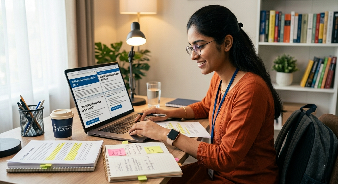 A smiling Indian female student studying at a desk with a laptop, notebooks, and a coffee cup in a brightly lit room.