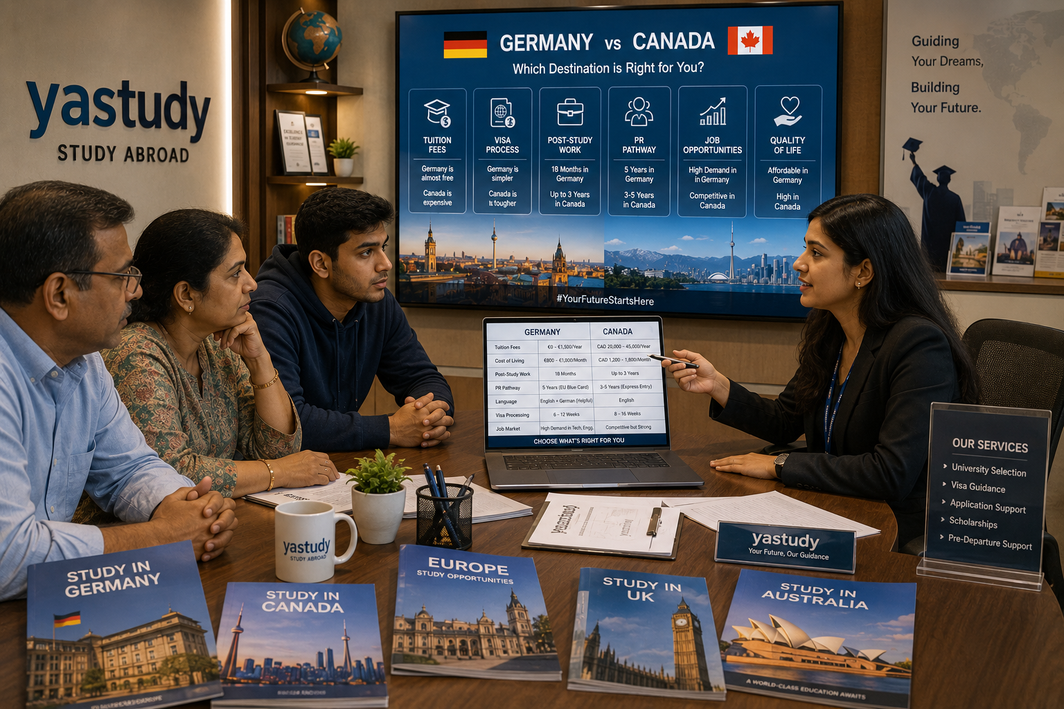 Indian students receiving Germany vs Canada study abroad counselling from overseas education consultants in India.