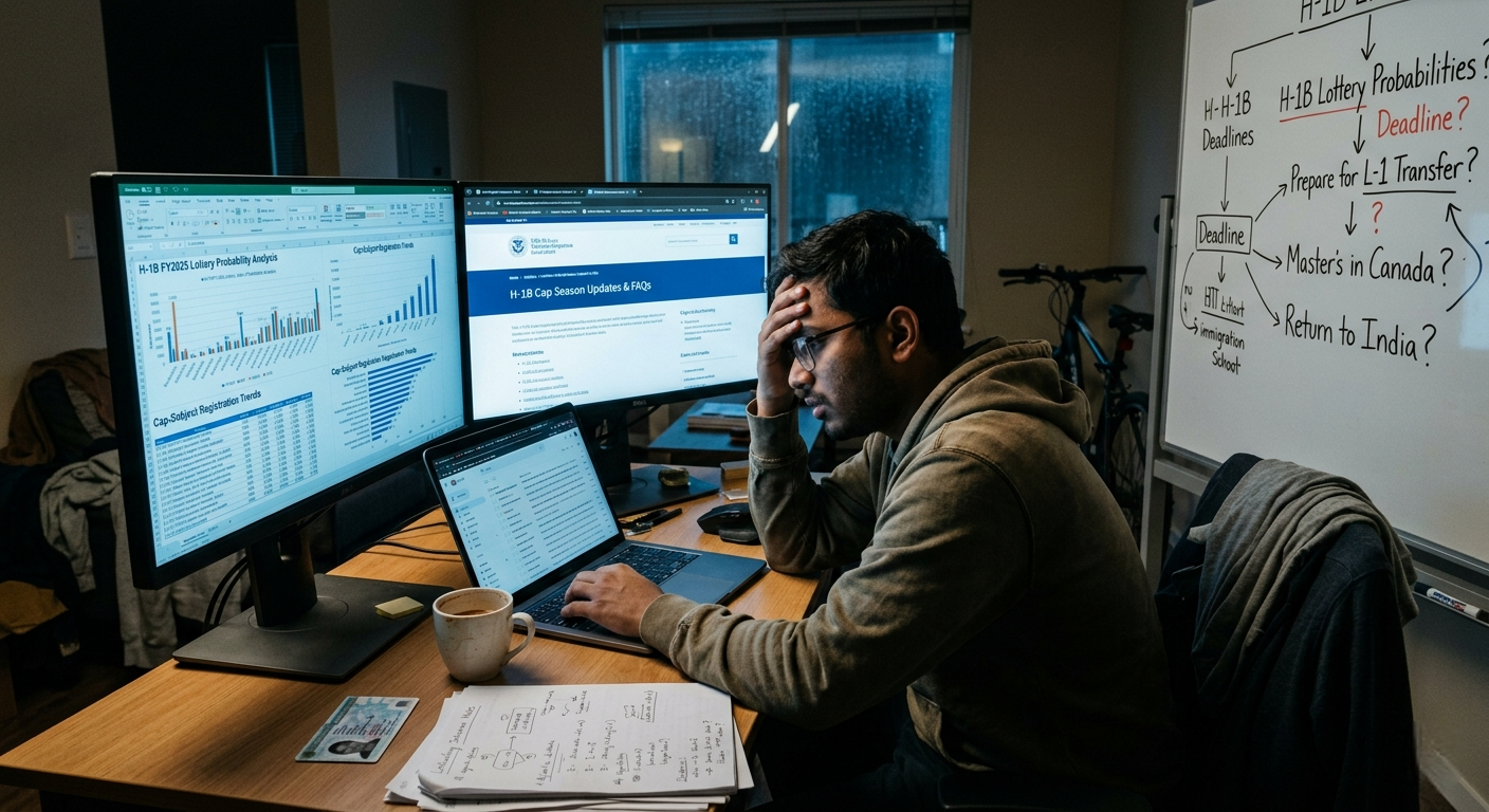  A distressed young man sitting at a desk with multiple monitors, looking at H-1B lottery probability charts and immigration data while resting his head in his hand.