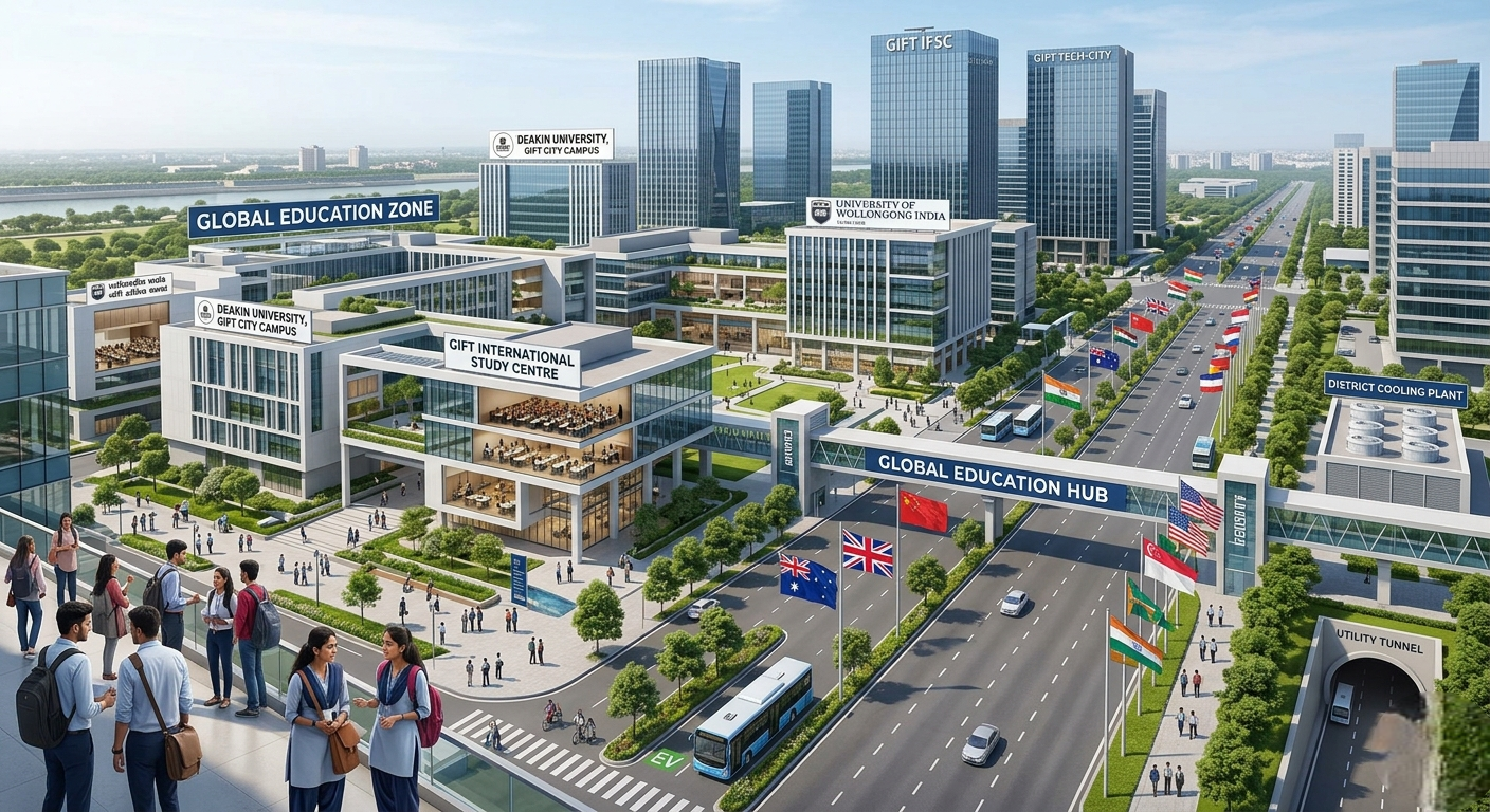 An architectural rendering of a modern "Global Education Zone" campus in India featuring several glass-walled buildings for Deakin University and the University of Wollongong, with students walking through a landscaped central plaza.