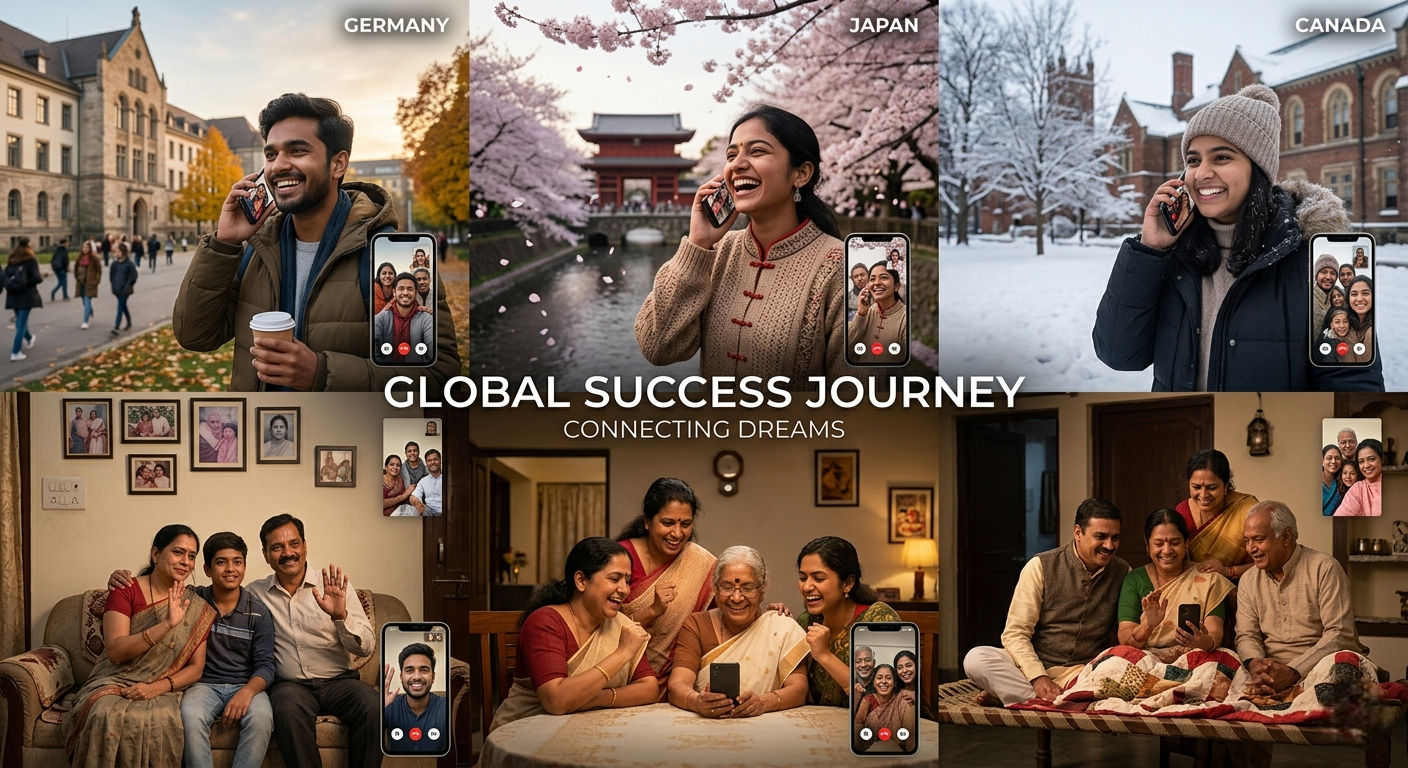 A composite image titled "Global Success Journey" featuring Indian students studying in Germany and Japan, juxtaposed with scenes of their families in India celebrating their success via video calls.