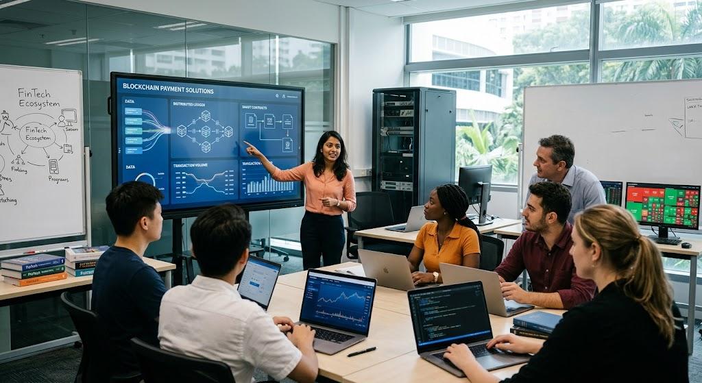 Indian students learning blockchain and financial technology in an international university abroad 