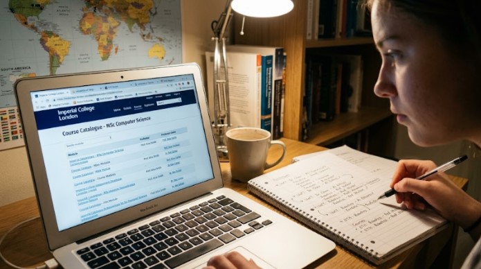 Student researching university programs while writing SOP for study abroad application