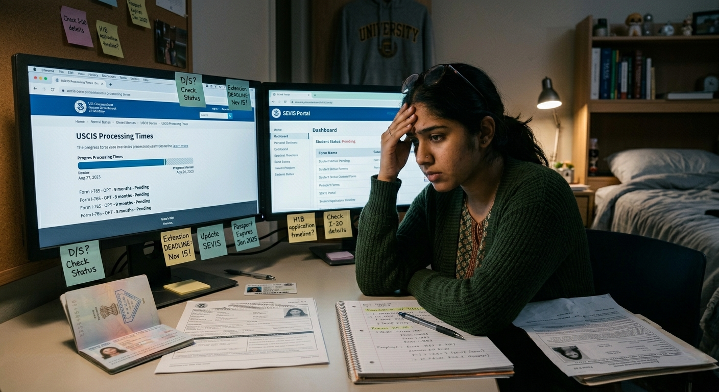  A stressed student sits at a desk with an open passport and notebook, looking at dual monitors displaying USCIS processing times and SEVIS portal dashboards with various sticky notes about visa deadlines.