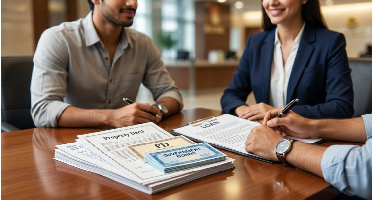 A close-up photograph of acceptable collateral for an education loan, including property documents, fixed deposit certificates, and bonds on a bank desk.