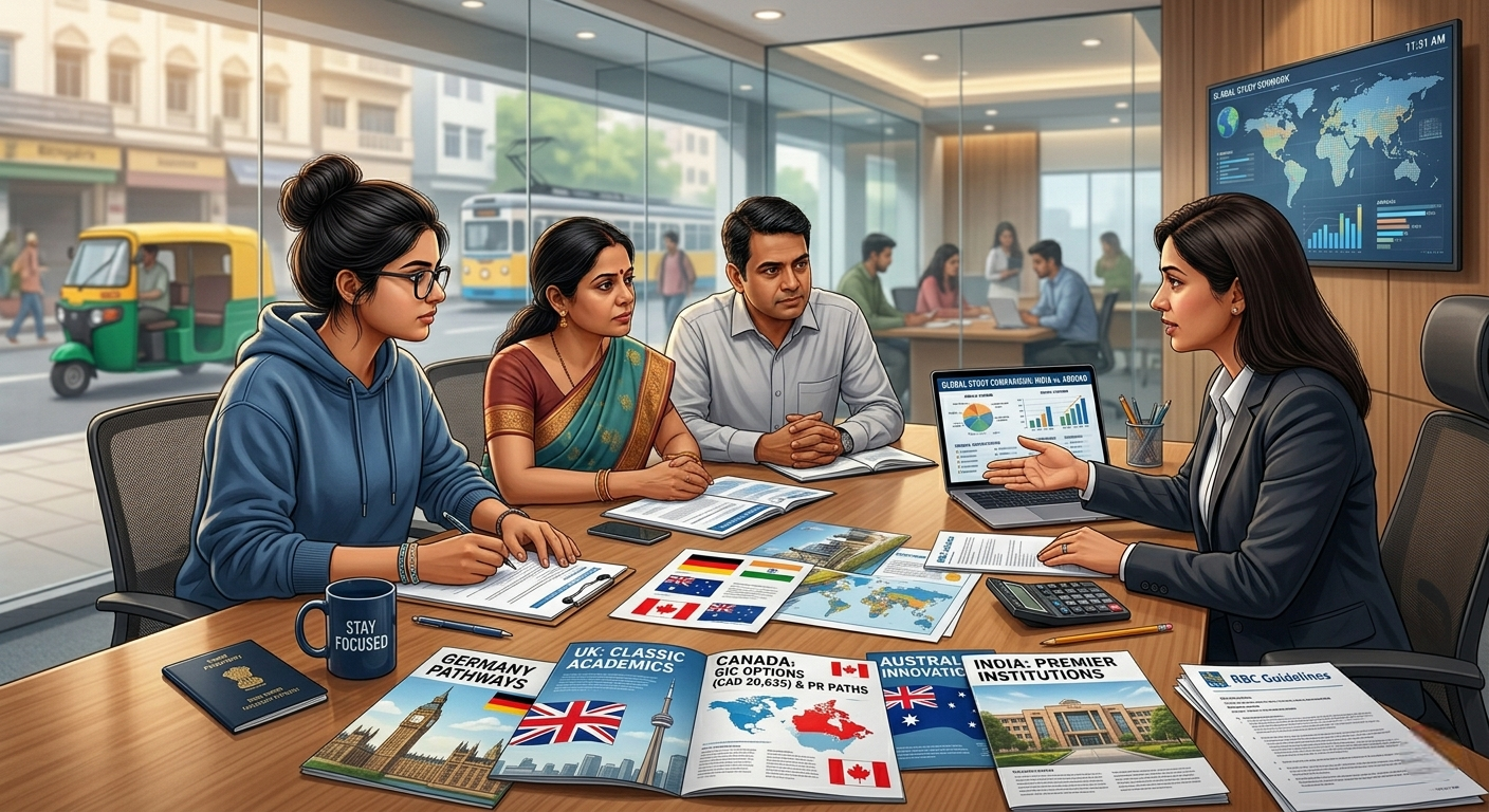 Indian student and family discussing study abroad and Indian university options with an overseas education consultant in 2026.