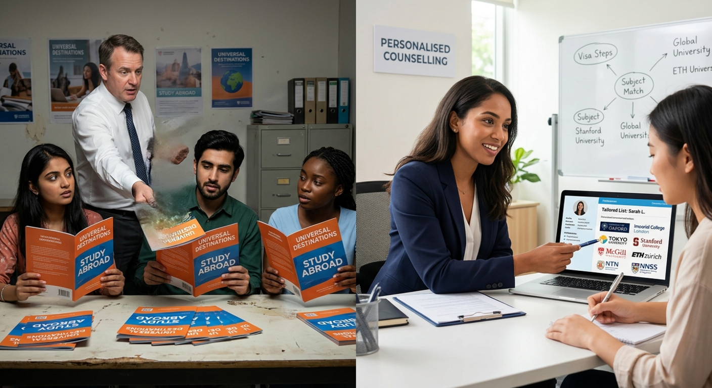 Study abroad consultants in Noida providing personalized counseling and university brochures to prospective students.