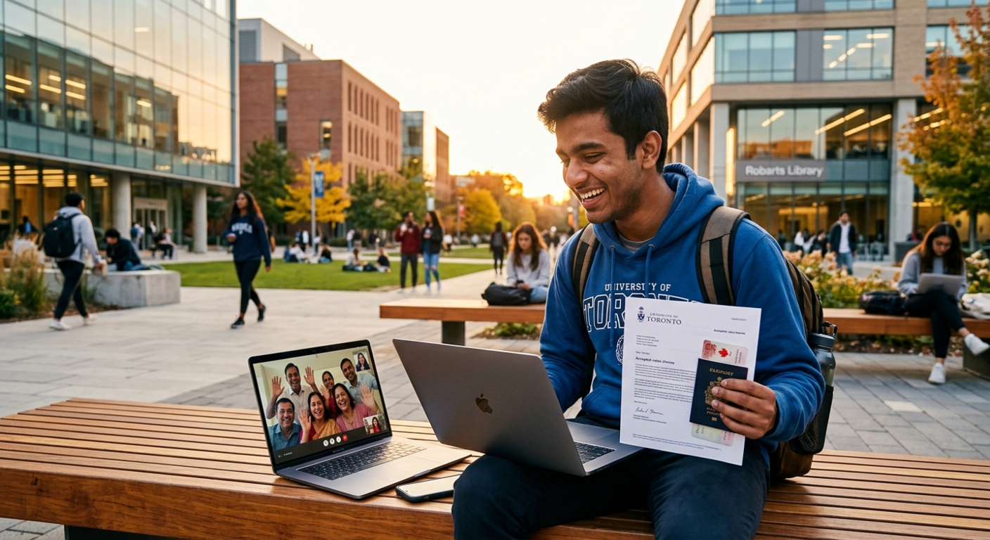 A student on a college campus in Noida using a laptop to consult with study abroad experts for university admissions.