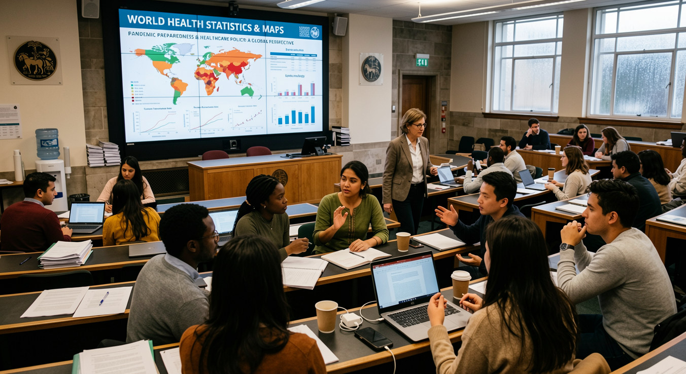 International students studying global health and public health policy at a university abroad 