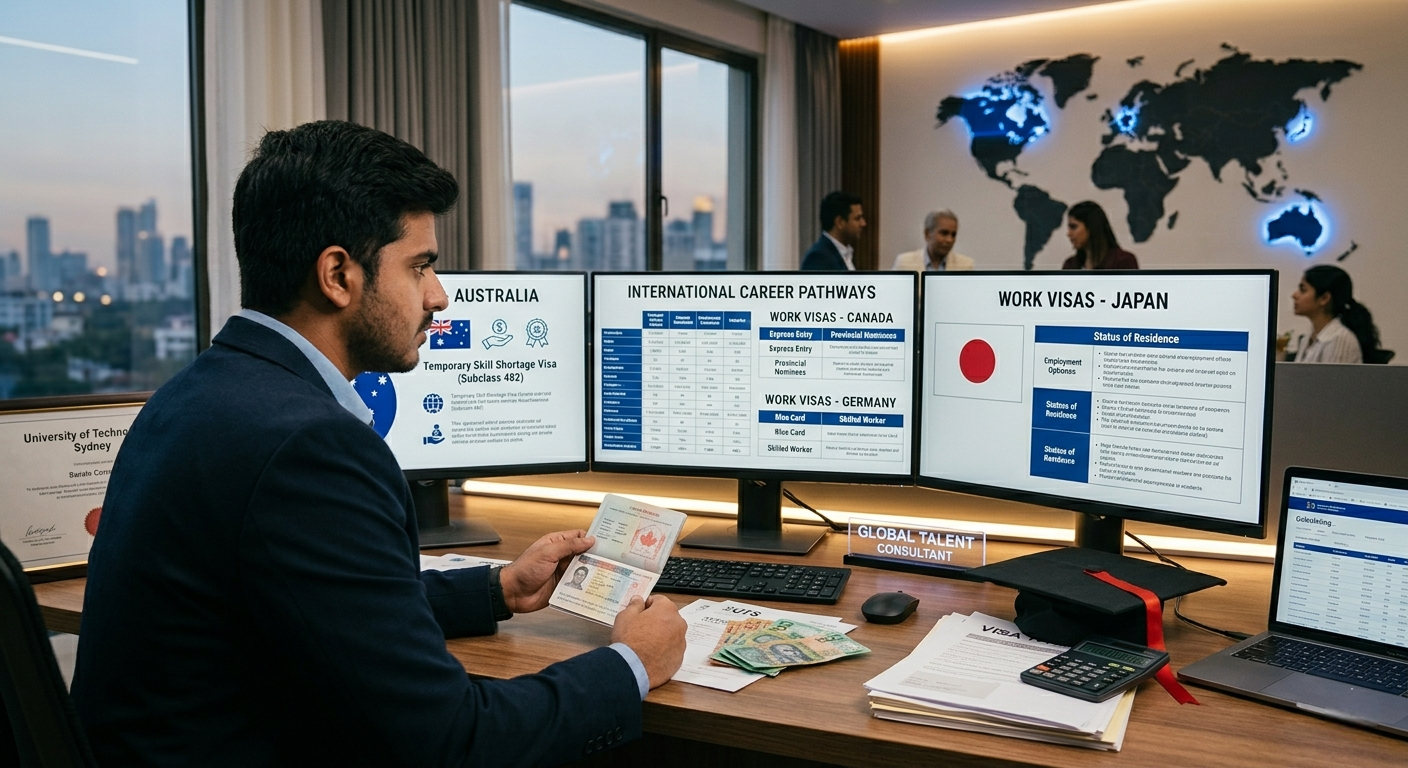 A student in a suit sitting at a desk with an open passport and financial documents, looking at computer monitors displaying Australian visa information and international career pathways.