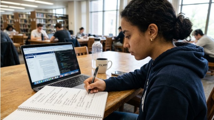 Student outlining structure of statement of purpose for university application