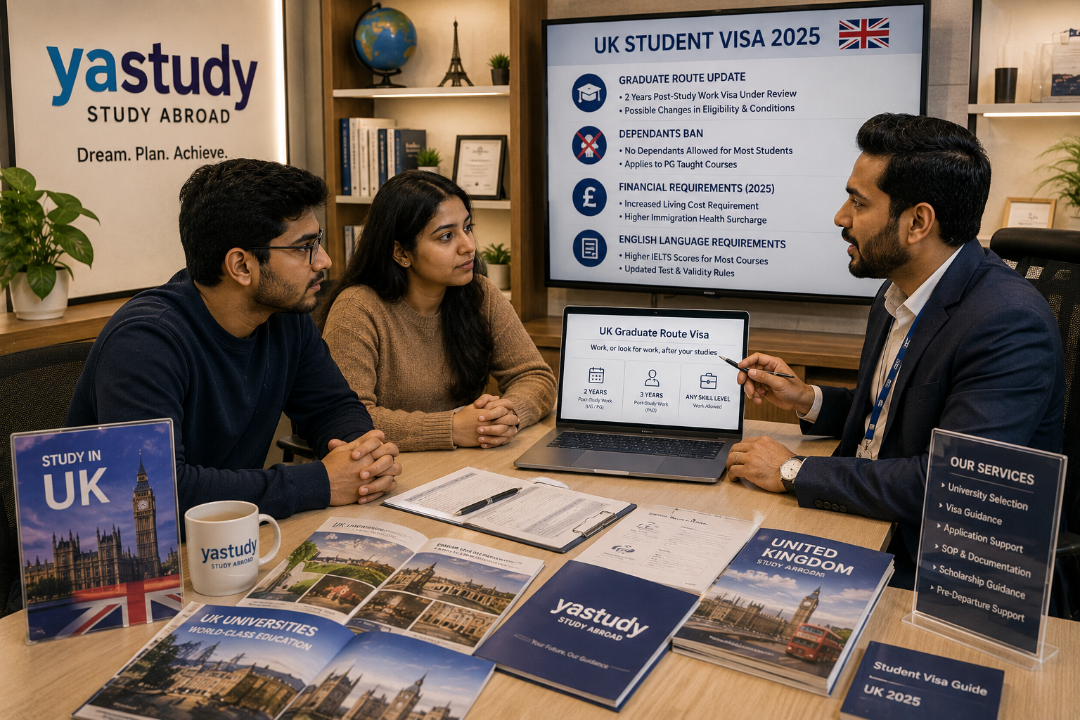 ndian students discussing UK Graduate Route visa and study abroad options with a counsellor in 2025
