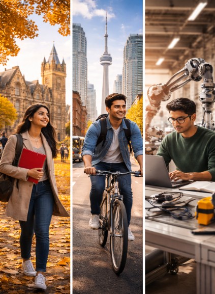 Student life comparison in UK, Canada and Germany showing campus, city and university environments
