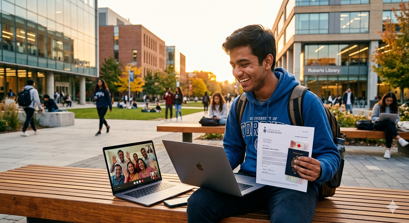 A student on a college campus in Noida using a laptop to consult with study abroad experts for university admissions