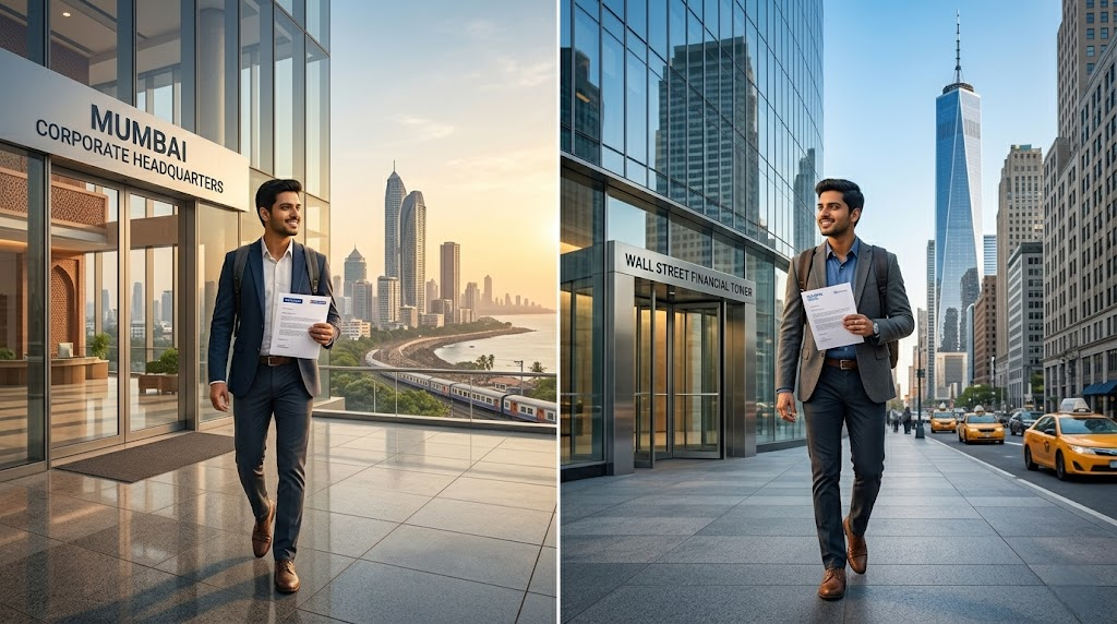 MBA salary comparison India vs abroad, showing graduates in corporate careers in Mumbai and New York