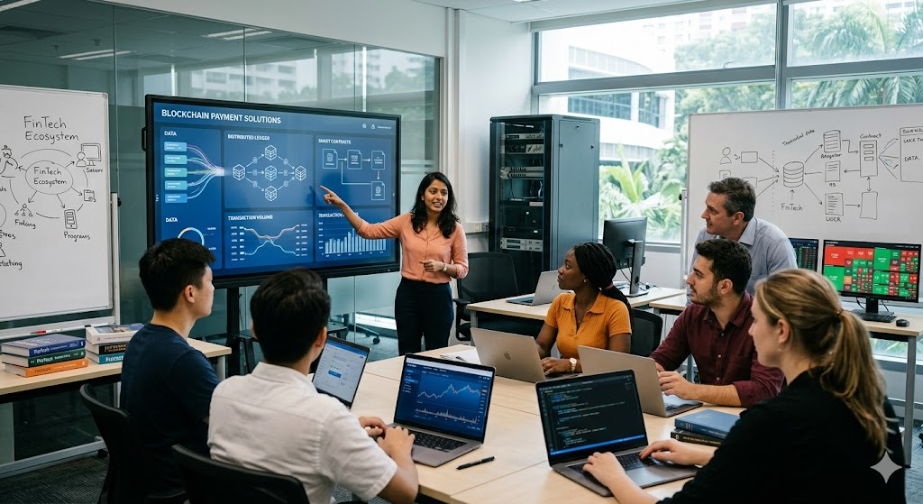Indian students learning blockchain and financial technology in an international university abroad